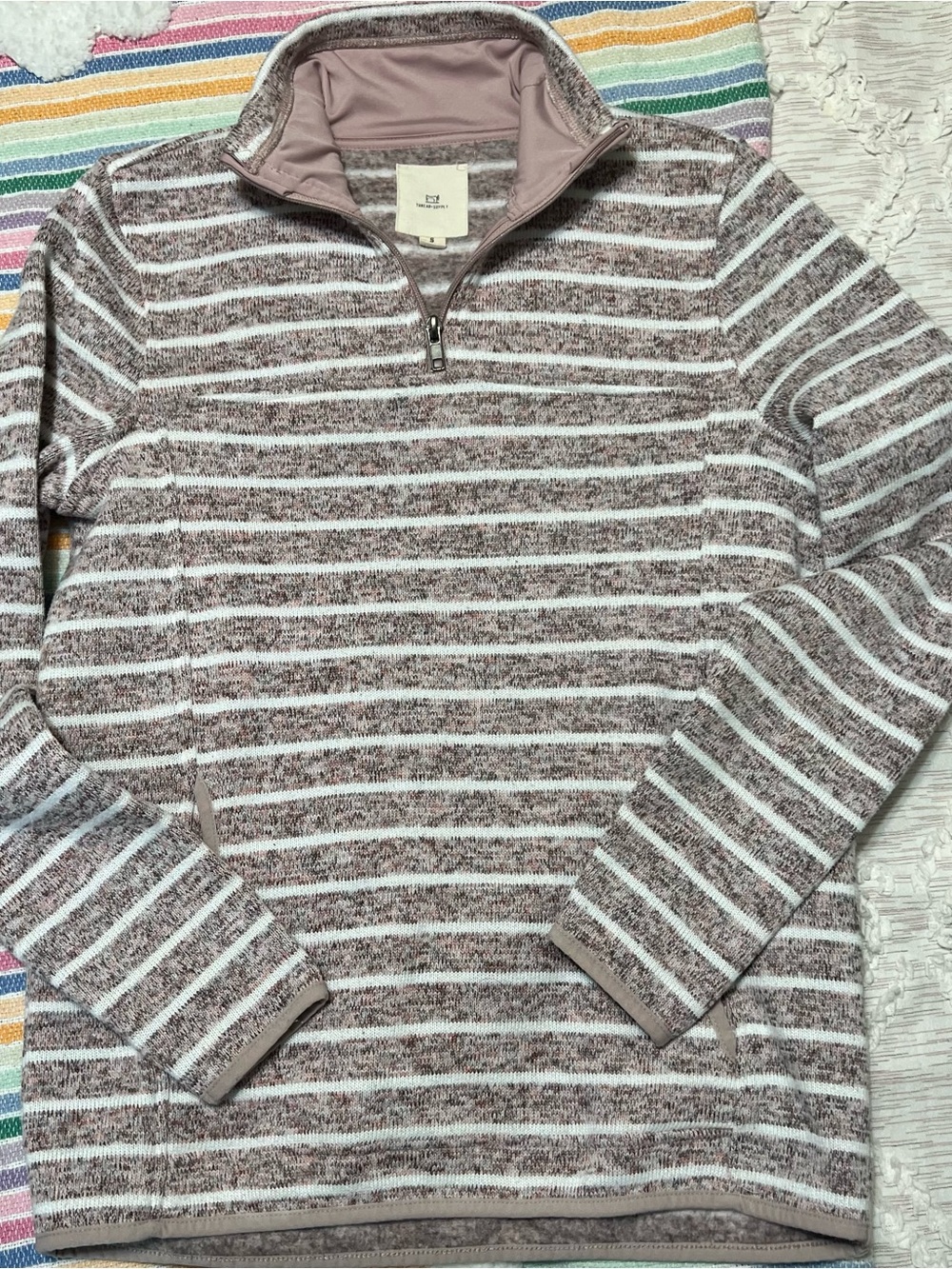 Thread & Supply Mauve and White Striped Quarter-Zip Pullover